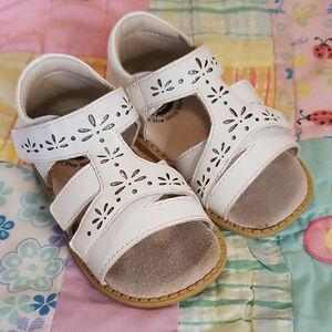 Livie & Luca White Leather Kids Sandals with Silver Glitter Floral Cutouts 7